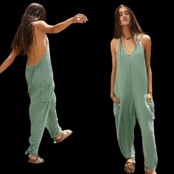 New! Free People free-est Knot It Up Low-back Jumpsuit in Green 28072 - Picture 4 of 13